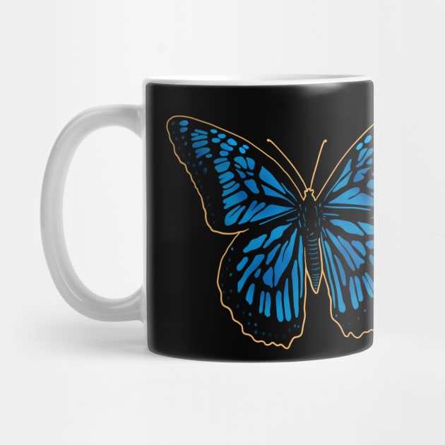 Blue and black Monarch butterfly drawing drawn with a yellow outline. by DaveDanchuk